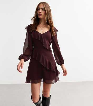 Dark Brown Chiffon Ruffle Trim Mini Dress