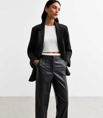 Black Faux Leather Wide Leg Tailored Trousers