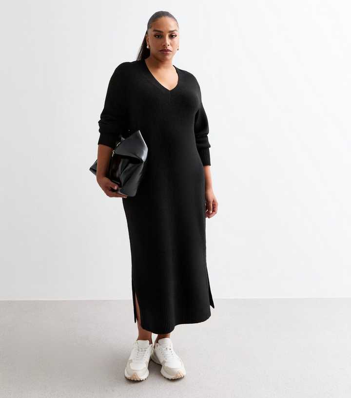 Curves Black V-Neck Knit Midi Dress