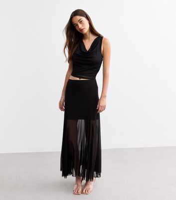 Black Mesh Godet Midi Skirt 