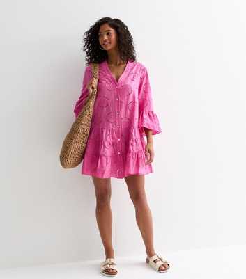 Cameo Rose Pink Embroidered Cotton Smock Mini Dress