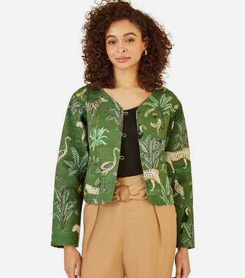 Yumi Green Cotton Animal Print Reversible Jacket