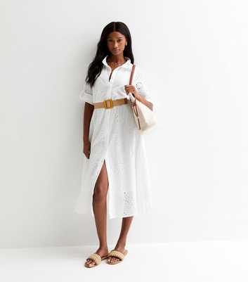 Cameo Rose White Embroidered Button-Front Belted Midi Dress