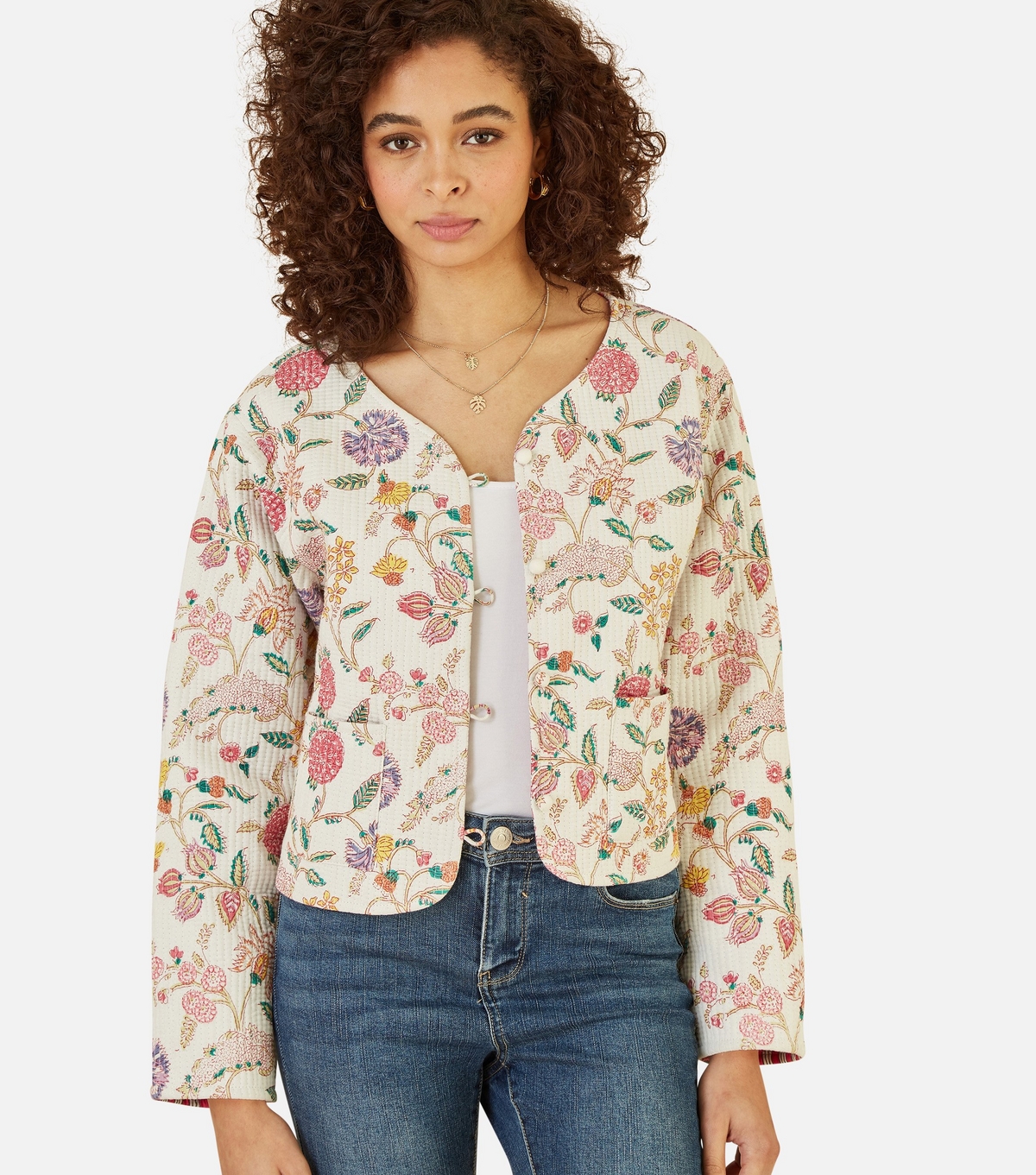 Women's White Cotton Floral Print Reversible Jacket Yumi New Look