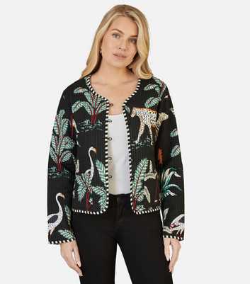 Yumi Black Cotton Animal Print Reversible Jacket