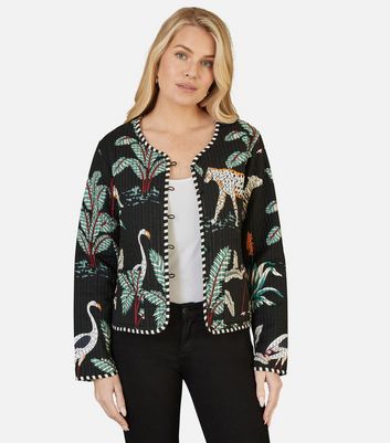 Yumi Black Cotton Animal Print Reversible Jacket New Look