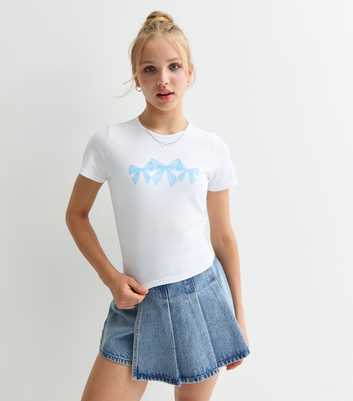 Girls White Cotton Bow Print T-Shirt