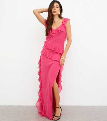 WKNDGIRL Mid Pink Chiffon Ruffle Detail Maxi Dress