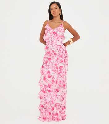 WKNDGIRL Mid Pink Chiffon Floral Print Ruffle Maxi Dress