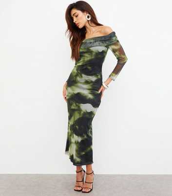 WKNDGIRL Green Mesh Off-Shoulder Midi Dress