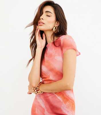 WKNDGIRL Mid Pink Mesh Abstract Pattern Midi Dress