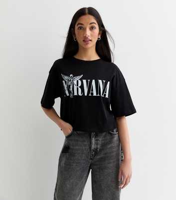 Girls Black Nirvana Wings Logo Boxy Cotton T-Shirt