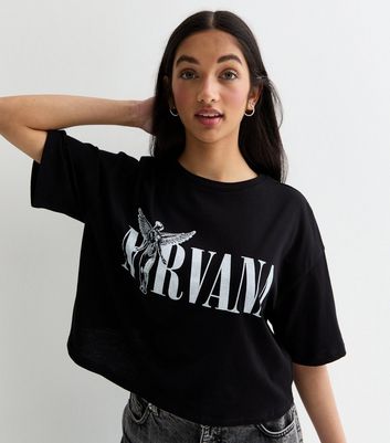 Girls Black Nirvana Wings Logo Boxy Cotton T Shirt New Look