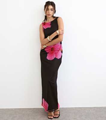 WKNDGIRL Pink Mesh Floral Rose Print Maxi Dress