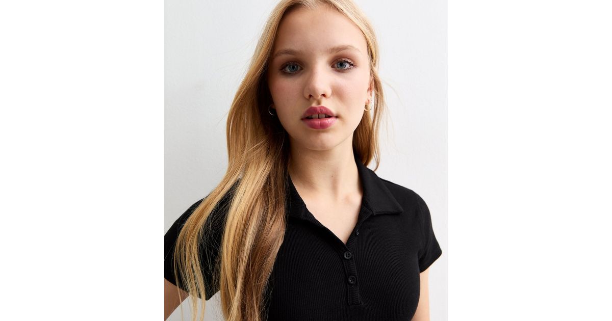 Women Black Rib V-Neck Collar Top