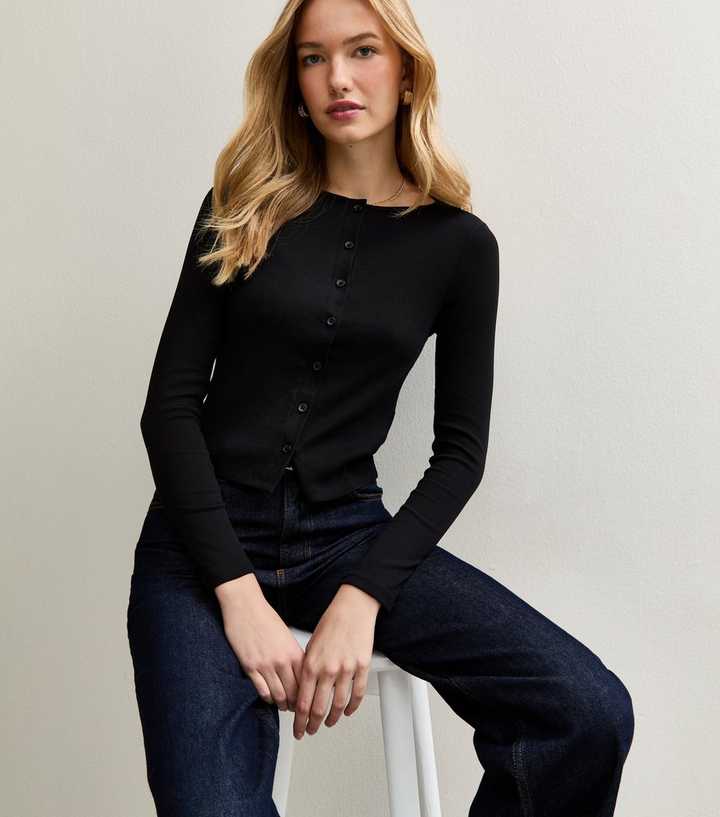 Black Rib Crew Neck Cardigan 