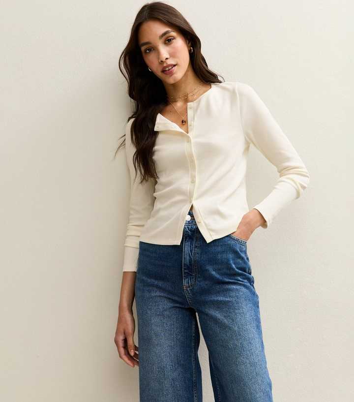 Cream Rib Crew Neck Cardigan