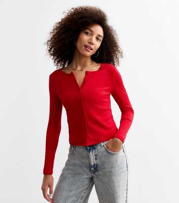 Red Rib Crew Neck Cardigan 