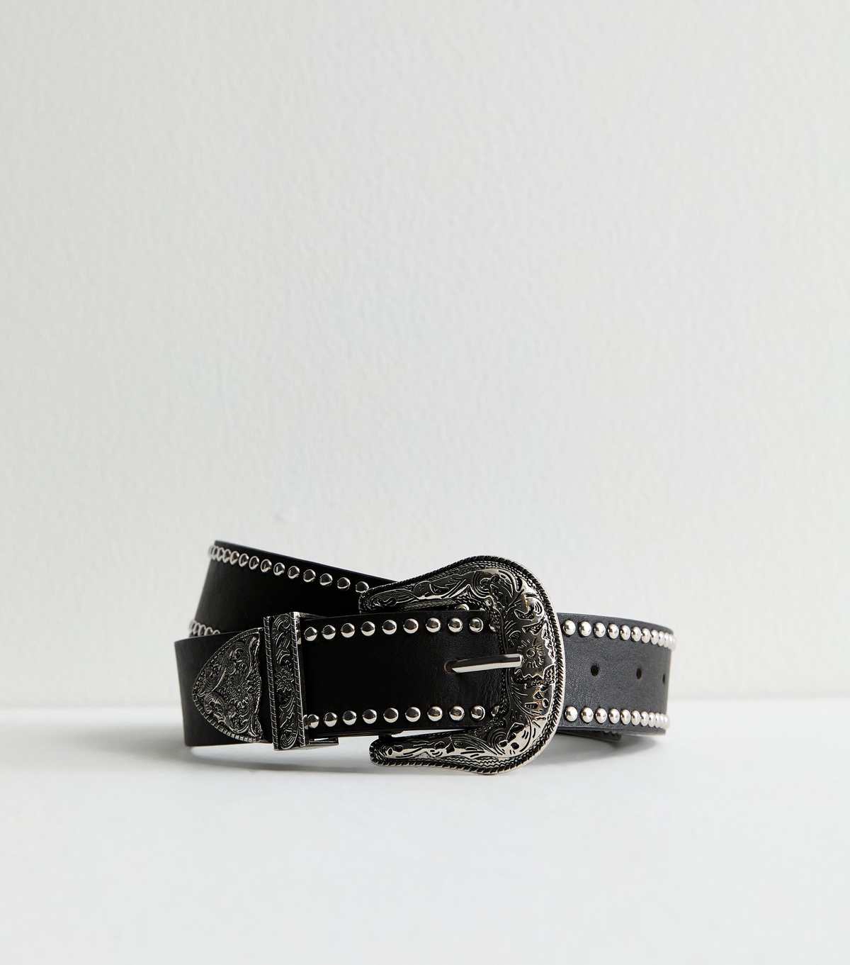 Black Leather-Look Stud Detail Engraved Buckle Belt New Look