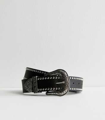 Black Leather-Look Stud Detail Engraved Buckle Belt