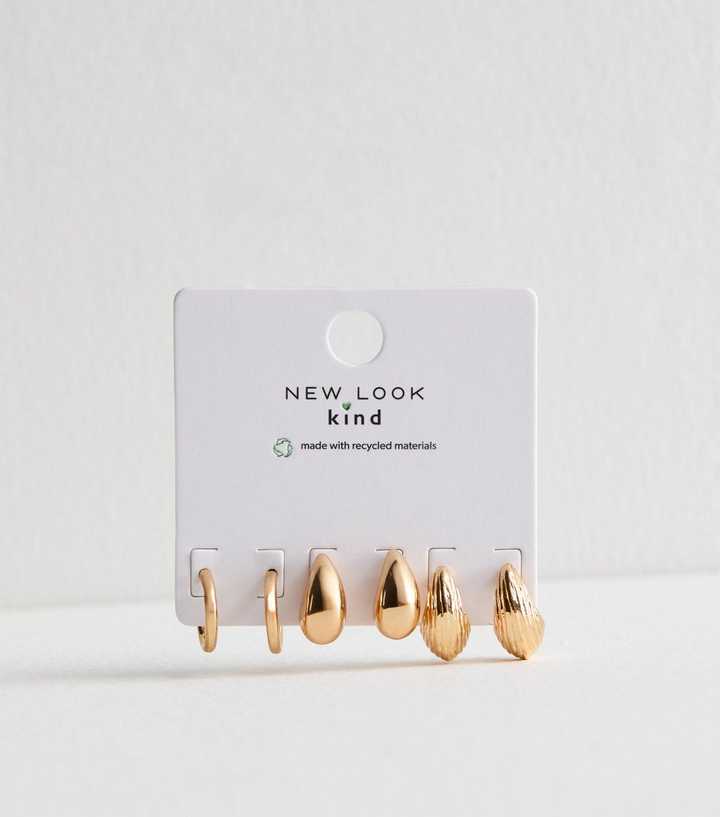 3 Pack of Gold Tone Textured Teardrop Hoop Earrings