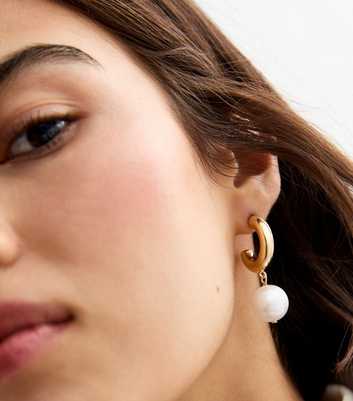 Gold Tone Faux Pearl Circle Drop Hoop Earrings