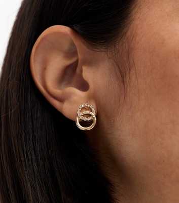 Gold Tone Diamanté Double Circle Stud Earrings