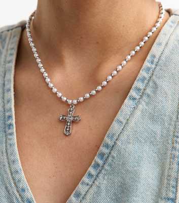 Silver Tone Pearl Chain Cross Pendant Necklace