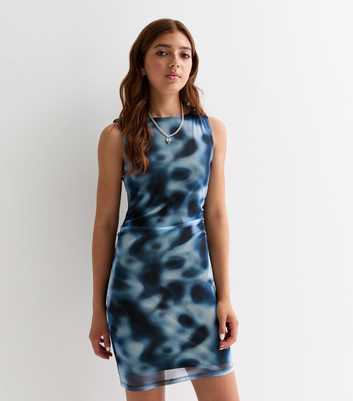 Girls Blue Blur-Print Sleeveless Mesh Dress