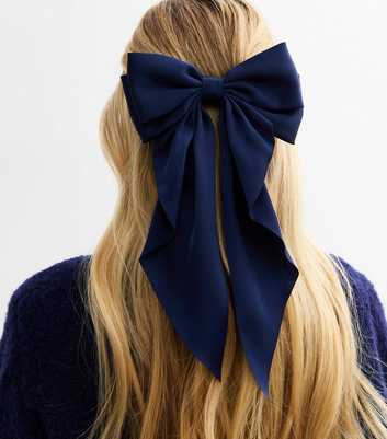 Navy Satin Bow Hair Clip