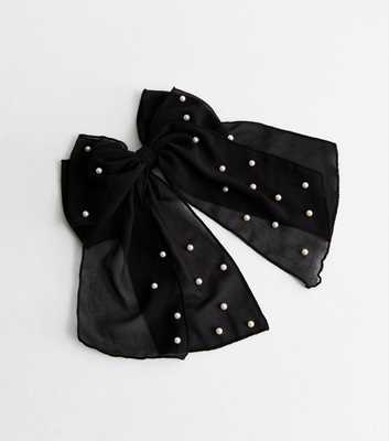 Black Faux Pearl Mesh Bow Hair Slide