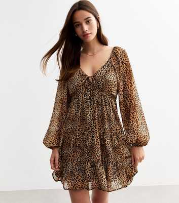 Brown Chiffon Leopard Print Mini Smock Dress