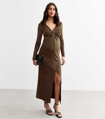 Maternity Gold Twisted Front Jersey Midi Dress