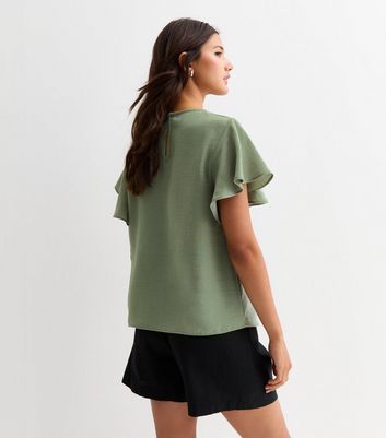 Khaki Flutter Sleeve Top New Look