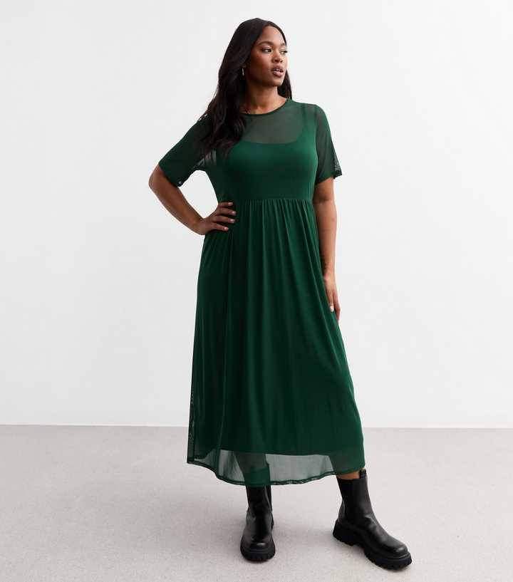 Curves Green Mesh Layered Midi Dress | New Look