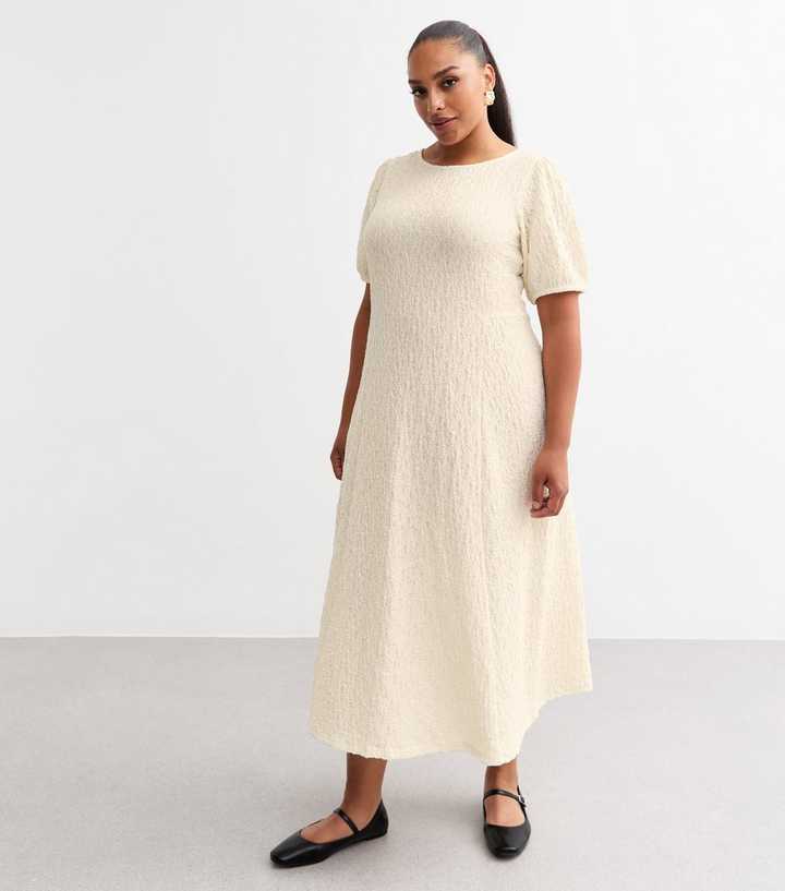 Curves White Textured Short Sleeved Midi Dress