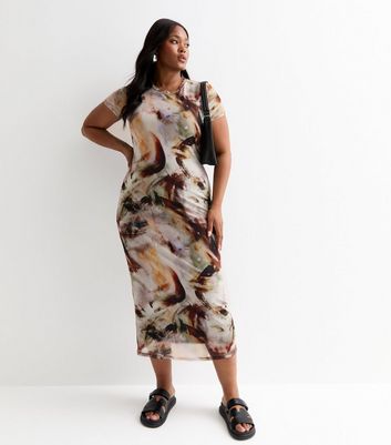 Curves Brown Abstract Print Mesh Midi Dress New Look