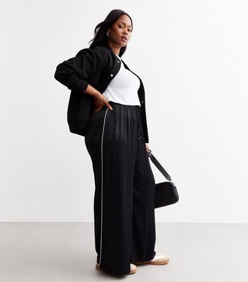 Black wide leg trousers with side stripe on sale