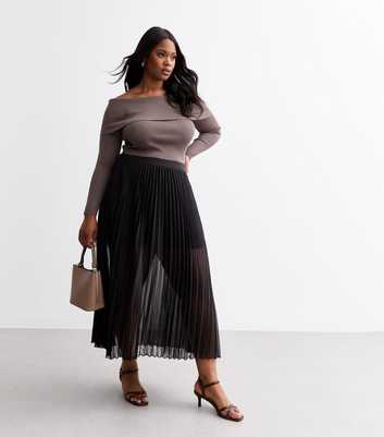 Curves Black Pleated Chiffon Midi Skirt 