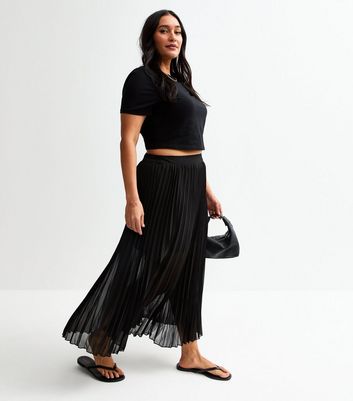 Curves Black Pleated Chiffon Midi Skirt New Look