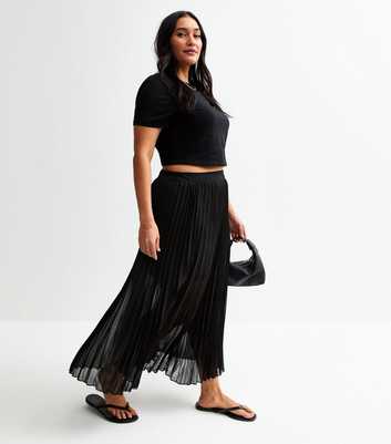 Curves Black Pleated Chiffon Midi Skirt