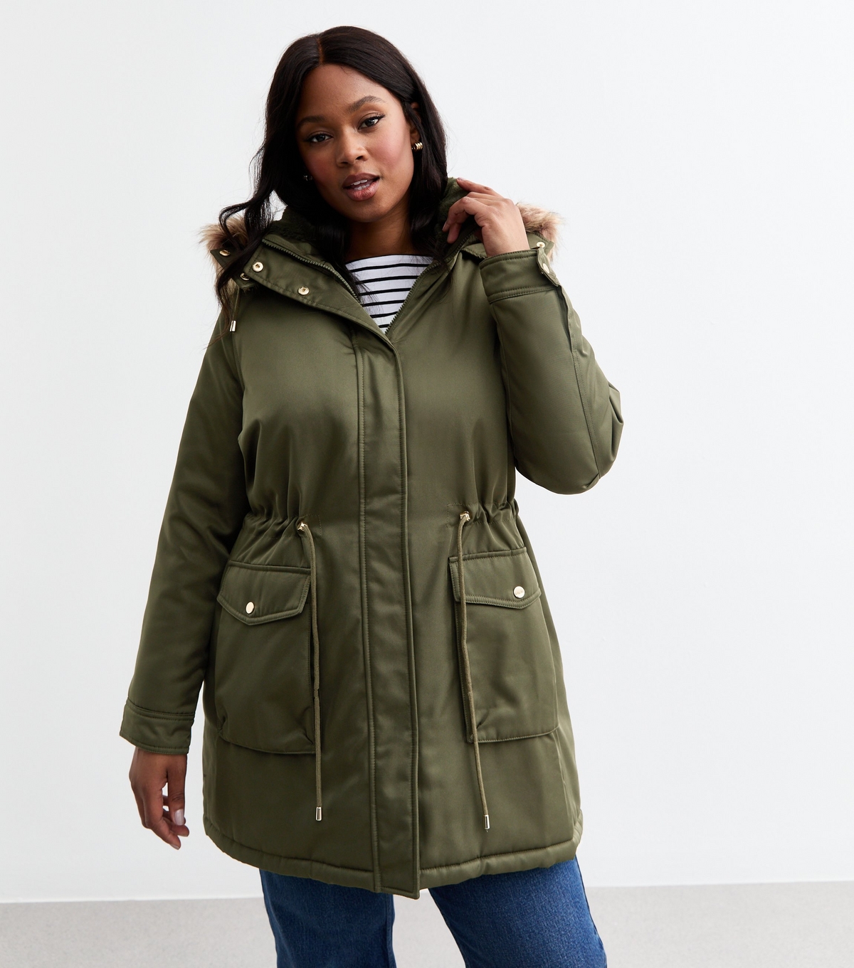 Women's Plus Size Green Faux Fur Trimmed Parka Jacket Curves New Look