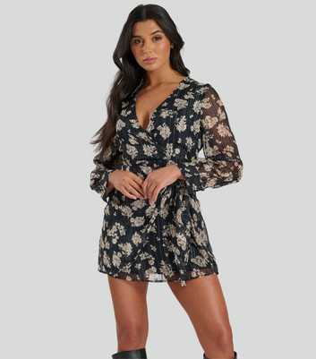 Finding Friday Black Floral Print Chiffon Wrap Dress