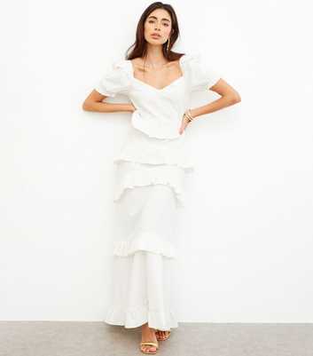WKNDGIRL Off White Linen-Blend Ruffle Maxi Dress