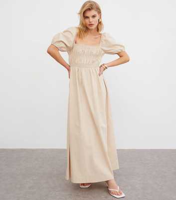 WKNDGIRL Stone Linen-Blend Shirred Maxi Dress