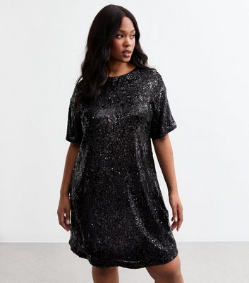 Curves Black Sequinned Mini T Shirt Dress New Look