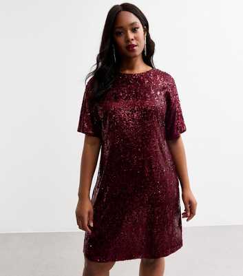 Curves Burgundy Sequinned Mini T Shirt Dress