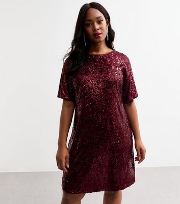 Curves Burgundy Sequinned Mini T Shirt Dress New Look