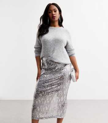 Curves Silver Sequinned Midi Skirt