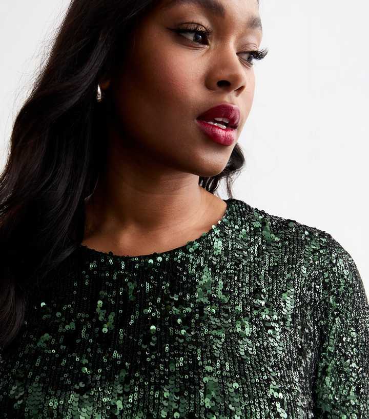 Curves Dark Green Sequinned Short Sleeve Top
